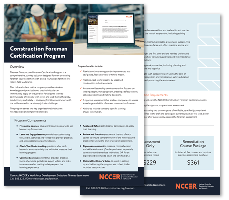 Thumbnail of NCCER's Construction Foreman Certification Program overview PDF. Thumbnail of NCCER's Construction Foreman Certification Program overview PDF.